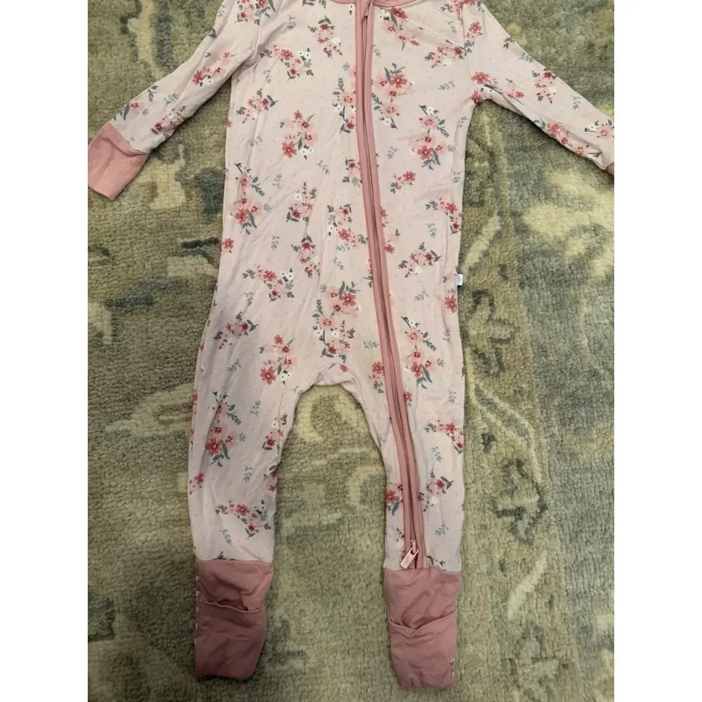 Posh Peanut Pink Floral Bamboo Foldover Feet Zipper Romper 9-12 Months NEW
